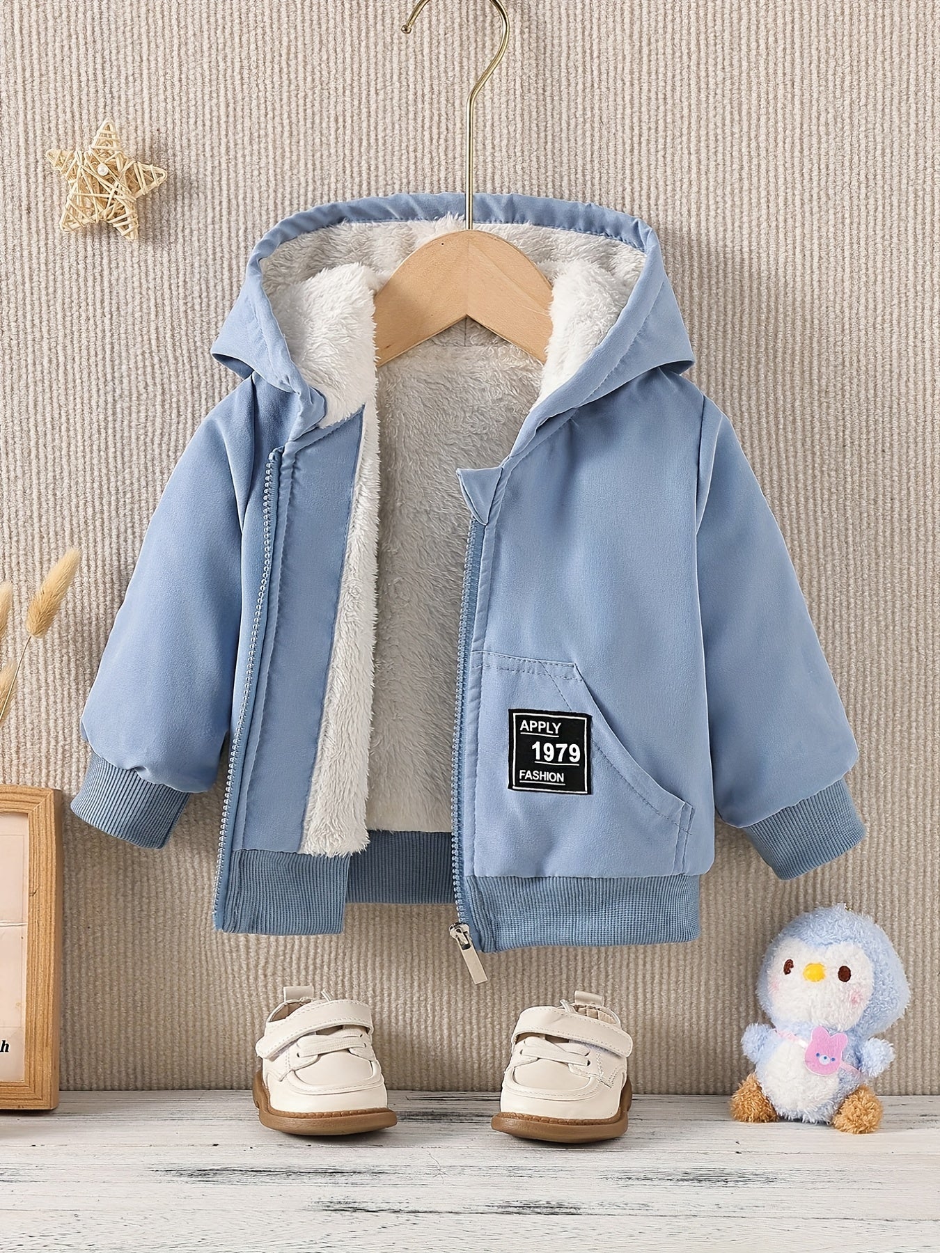 Kids Fleece Lined Warm Hooded Zipper Coat, Toddler Baby's Casual Hoodie Jacket