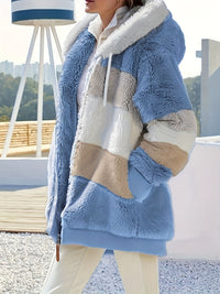 Plus Size Casual Coat, Women's Plus Colorblock Teddy Fleece Hooded Drawstring Zipper Long Sleeve Loose Fit Coat With Pockets