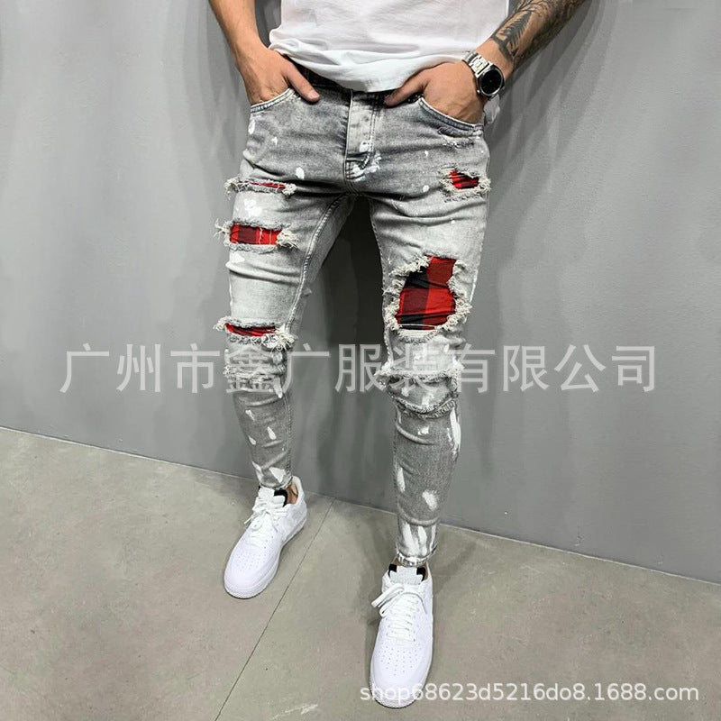 Cross-Border European and American Popular Men's Ripped Three-Color Jeans Amazon Patch Stretch Leg Jeans for Men J007