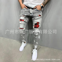 Cross-Border European and American Popular Men's Ripped Three-Color Jeans Amazon Patch Stretch Leg Jeans for Men J007