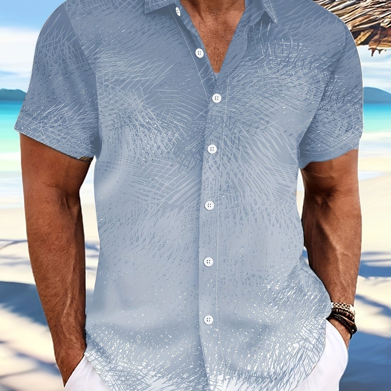 Men's Vibrant Pink to Purple Gradient Short Sleeve Shirt - Lightweight Polyester, Button-Up with Chest Pocket, Ideal for Summer Beach Parties & Casual Wear, Beach Wear
