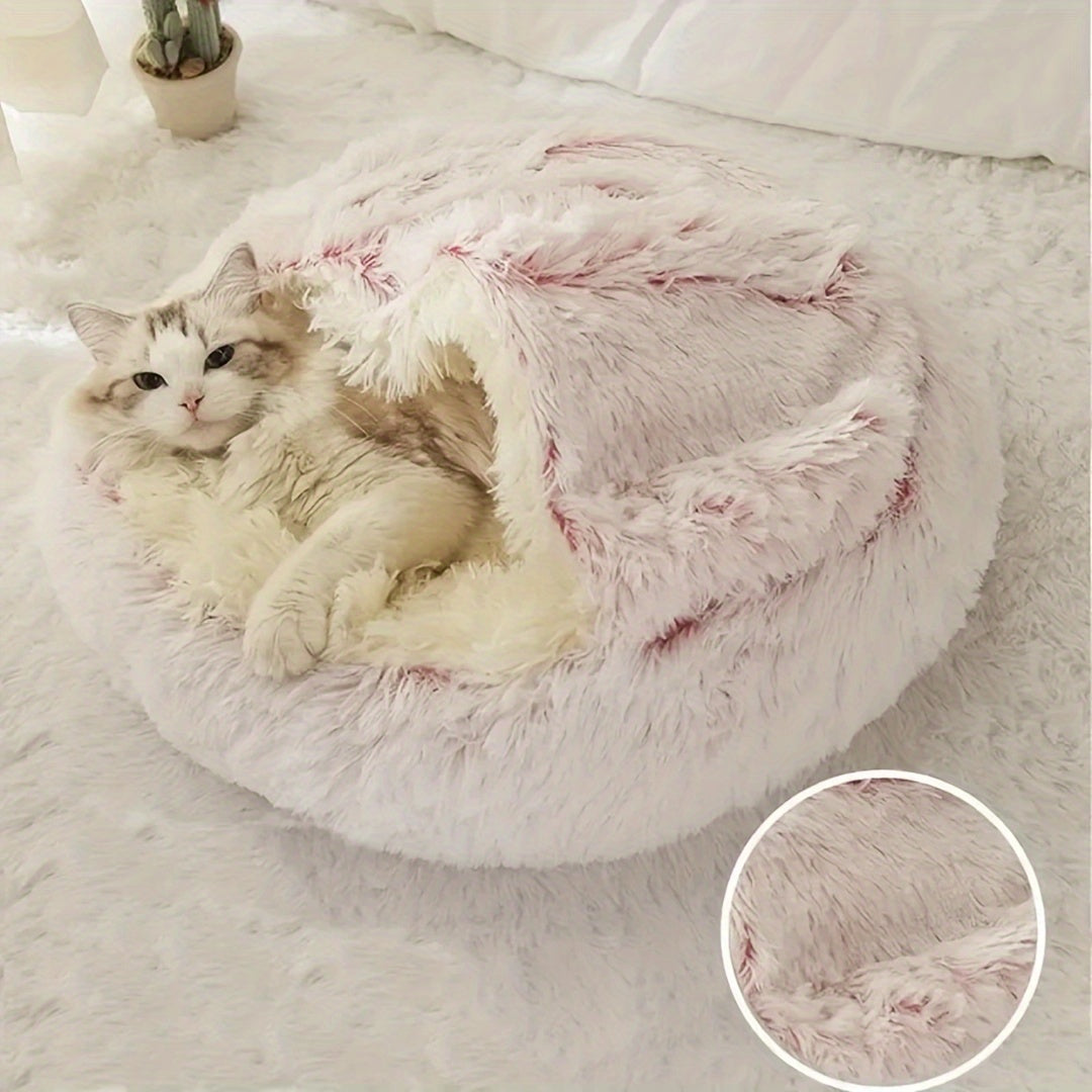 2 in 1 Round Warm Pet Bed House Polyester Cat Bed, Long Plush, Winter, with Sleeping Bag Sofa Cushion for Cat