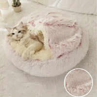 2 in 1 Round Warm Pet Bed House Polyester Cat Bed, Long Plush, Winter, with Sleeping Bag Sofa Cushion for Cat