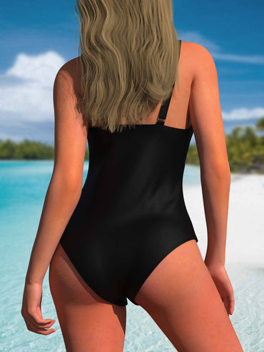 Chic Black & White Color Block V-Neck One-Piece Swimsuit - Stretchy, Slimming & Retro Style - Womens Bathing Suit for a Flattering Beach Look