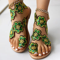 [Flowers Flat Women's Sandals] Women's Flowers Flat Sandals, Fashion Toe Loop Faux Pearl Slip On Shoes, Casual Beach Travel Sandals