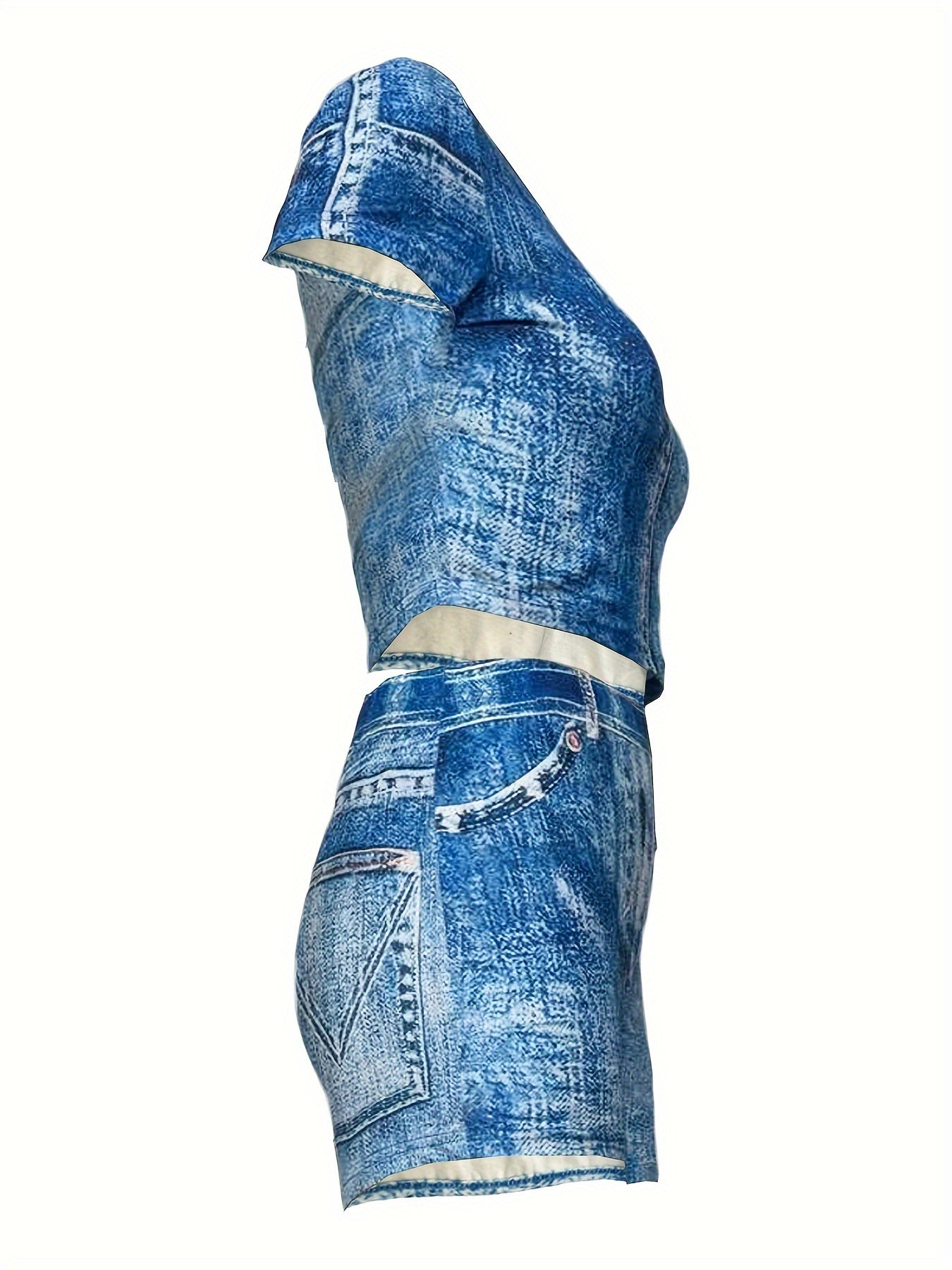Casual Faux Denim Shorts Set, Crew Neck Short Sleeve Crop T-shirt & Skinny Jegging Shorts Outfits, Women's Clothing