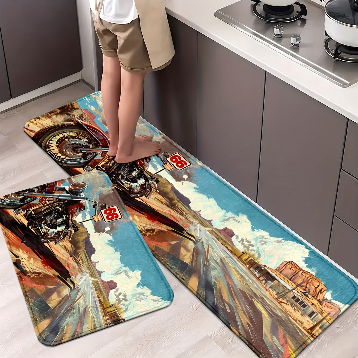 1/2pcs, Motorcycles And Route 66 Kitchen Rugs Non Slip Washable Thicken Kitchen Mat Kitchen Carpet Rugs For Kitchen Floor Kitchen Mats For Floor Kitchen Rugs Non Slip Kitchen Runner