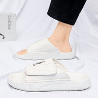 Men's Solid Color Open Toe Breathable Adjustable Hook & Loop Fastener Slippers, Comfy Non Slip Durable EVA Sole Slides, Men's Footwear