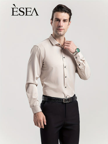 Men'S Slim-Fit Stretch Formal Shirt, Light Business Lapel Long Sleeve Shirt, Men'S Business Shirt Wrinkle-Resistant and Durable Solid Color Formal Long Sleeve Shirt with Buttons and Pockets Suitable for Work, Commuting, Datin