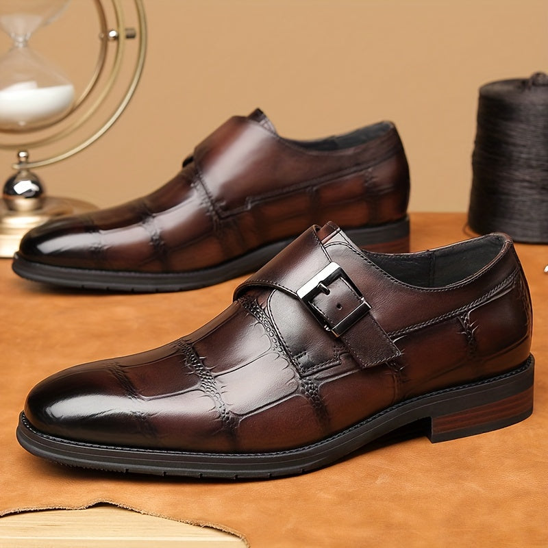 Men's Solid Color Top Grain Cow Leather Upper Monk Shoes, Comfy Non Slip Rubber Sole Durable Dress Shoes, Men's Footwear