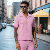 Men's Casual Shirt Set, Men's Casual Striped Shirt and Drawstring Striped Shorts Set, Men's Suit Collar Shirt Suit. Men's Summer Vacation, Everyday Wear Shirt Suit