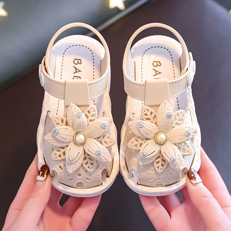 Girls Baby Flower Trendy Breathable Closed Toe Sandals, Lightweight Soft Sandals Crib Shoes For Indoor Outdoor Spring
