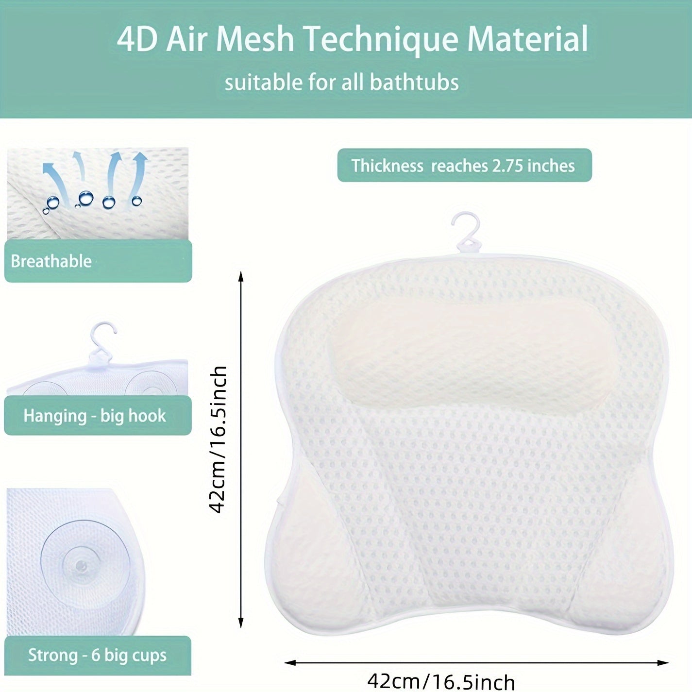 Non-Slip Bath Pillow for Head, Neck, and Back Support - 4D Air Mesh Soft Tub Pillow with 6 Suction Cups - Perfect for Spa Cushion and Tub Use - White