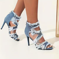 Women's Denim Cut-out High Heels, Peep Toe Back Zipper Stiletto Heels, Fashion Party Sandals