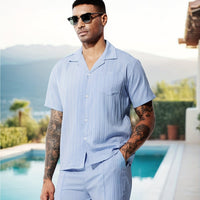 Men's Casual Shirt Set, Men's Casual Striped Shirt and Drawstring Striped Shorts Set, Men's Suit Collar Shirt Suit. Men's Summer Vacation, Everyday Wear Shirt Suit