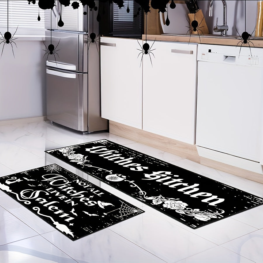 2pcs Halloween Kitchen Mats - Witch & Gothic Design, Anti-Slip, Machine Washable Polyester Rugs for Home Decor and Party