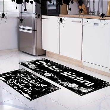 2pcs Halloween Kitchen Mats - Witch & Gothic Design, Anti-Slip, Machine Washable Polyester Rugs for Home Decor and Party