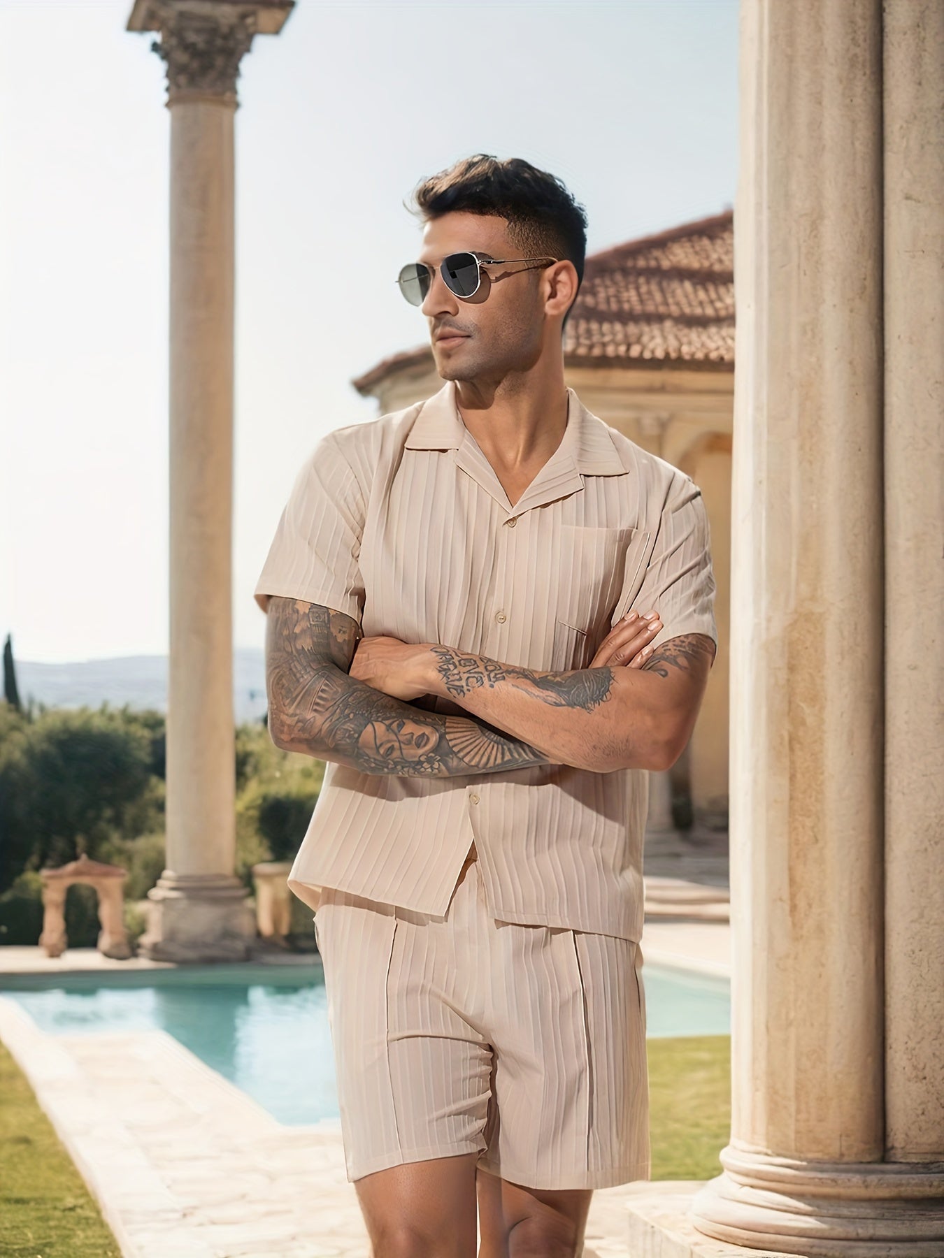 Men's Casual Shirt Set, Men's Casual Striped Shirt and Drawstring Striped Shorts Set, Men's Suit Collar Shirt Suit. Men's Summer Vacation, Everyday Wear Shirt Suit
