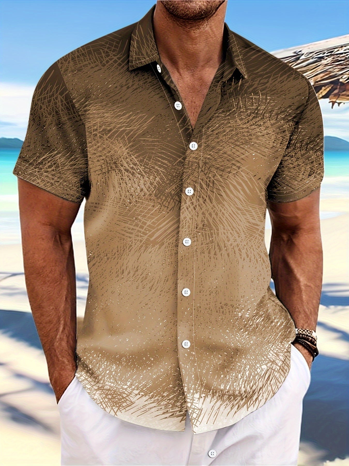 Men's Vibrant Pink to Purple Gradient Short Sleeve Shirt - Lightweight Polyester, Button-Up with Chest Pocket, Ideal for Summer Beach Parties & Casual Wear, Beach Wear