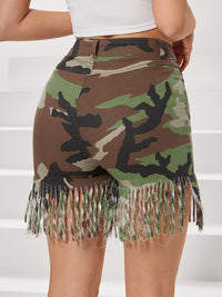 Women's Stretch Camo Tassel Denim Shorts - Sexy, High-Waisted with Fringe Detail, Cotton Blend, Perfect for Spring/Summer