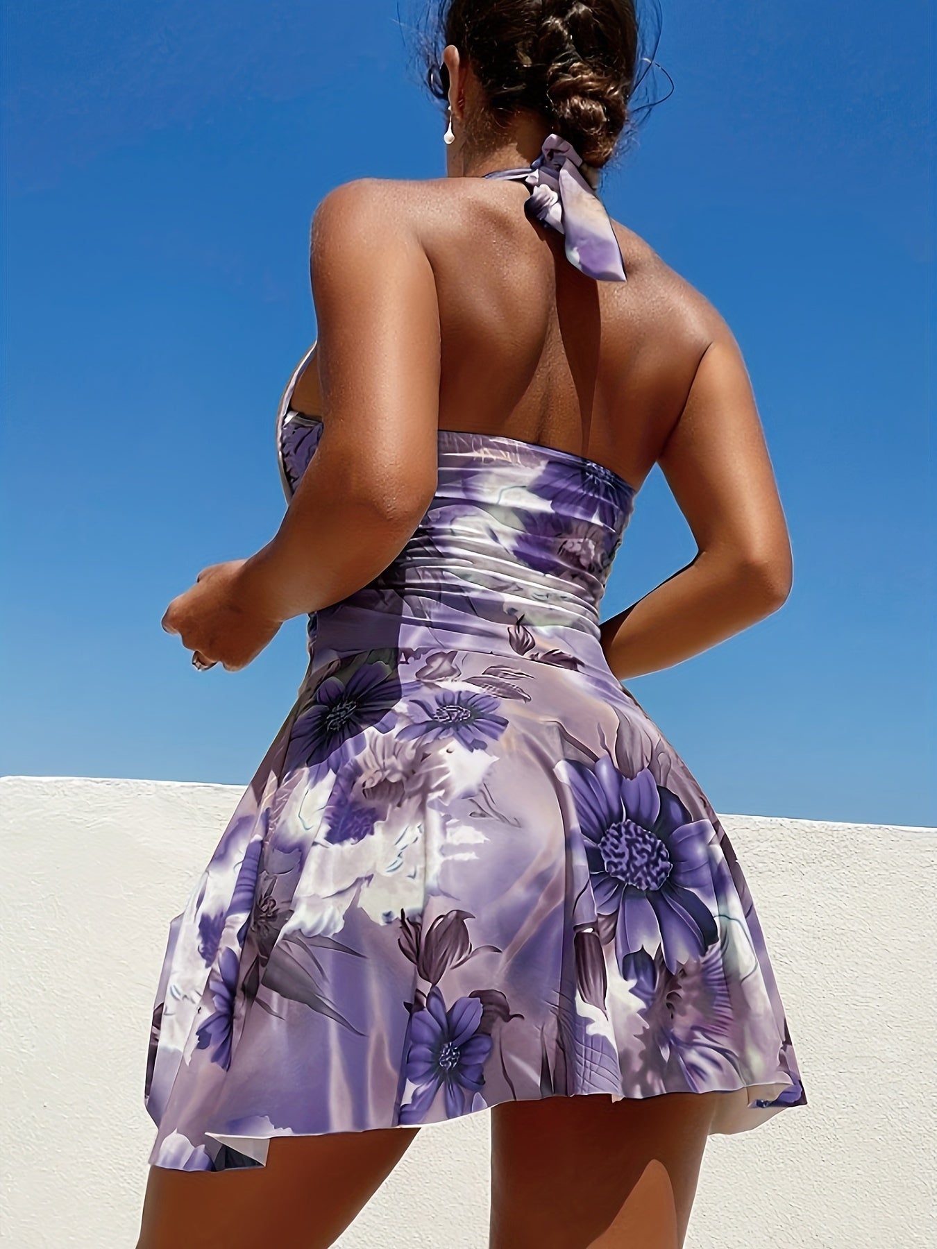 Flattering Ruched Vintage Floral Swimsuit - Chic Halter Tie Neck, Stretchy One-piece Swim Dress - Womens Bathing Suit with Adjustable Detailing