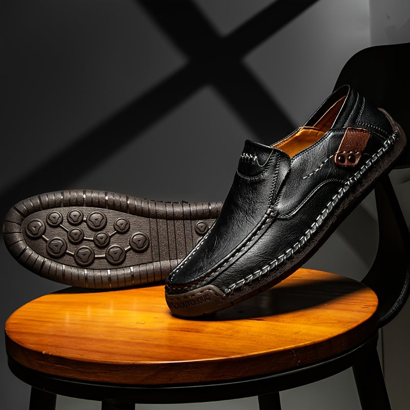 Plus Size Men's Solid Colour Split cowhide Slip On Loafer Shoes, Comfy Non Slip Casual Rubber Sole Dress Shoes, , Middle Aged Men's Footwear