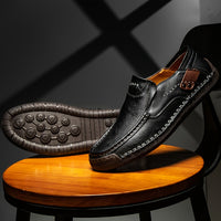 Plus Size Men's Solid Colour Split cowhide Slip On Loafer Shoes, Comfy Non Slip Casual Rubber Sole Dress Shoes, , Middle Aged Men's Footwear