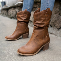 Mid Calf Women's Slouch Boots, Solid Color V-cut Slip On Cowgirl Low Heel Block Stacked Heels