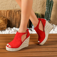 Chic Espadrille Wedge Sandals - Stylish Peep Toe with Cut-out Detail, Adjustable Buckle Strap, Stiletto Heels, and Comfortable Platform - Perfect Trendy Footwear for Your Summer Holiday