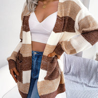 Striped Colorblock V-neck Cardigans, Casual Loose Drop Shoulder Long Sleeve Fall Winter Knit Cardigan, Women's Clothing