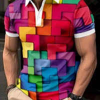 [Geometric 3D Print Polo] Geometric 3D Print Polo Shirt - Men's Casual Shirt for Spring, Summer, and Autumn - Perfect for Golf