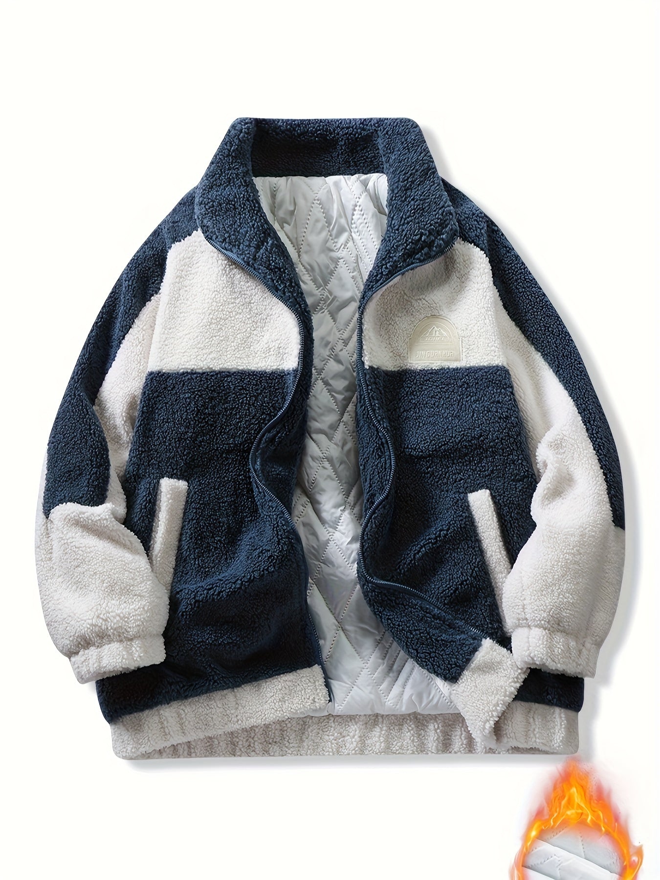 Warm Plush Fleece Jacket, Men's Casual Color Block Stand Collar Jacket Coat For Fall Winter