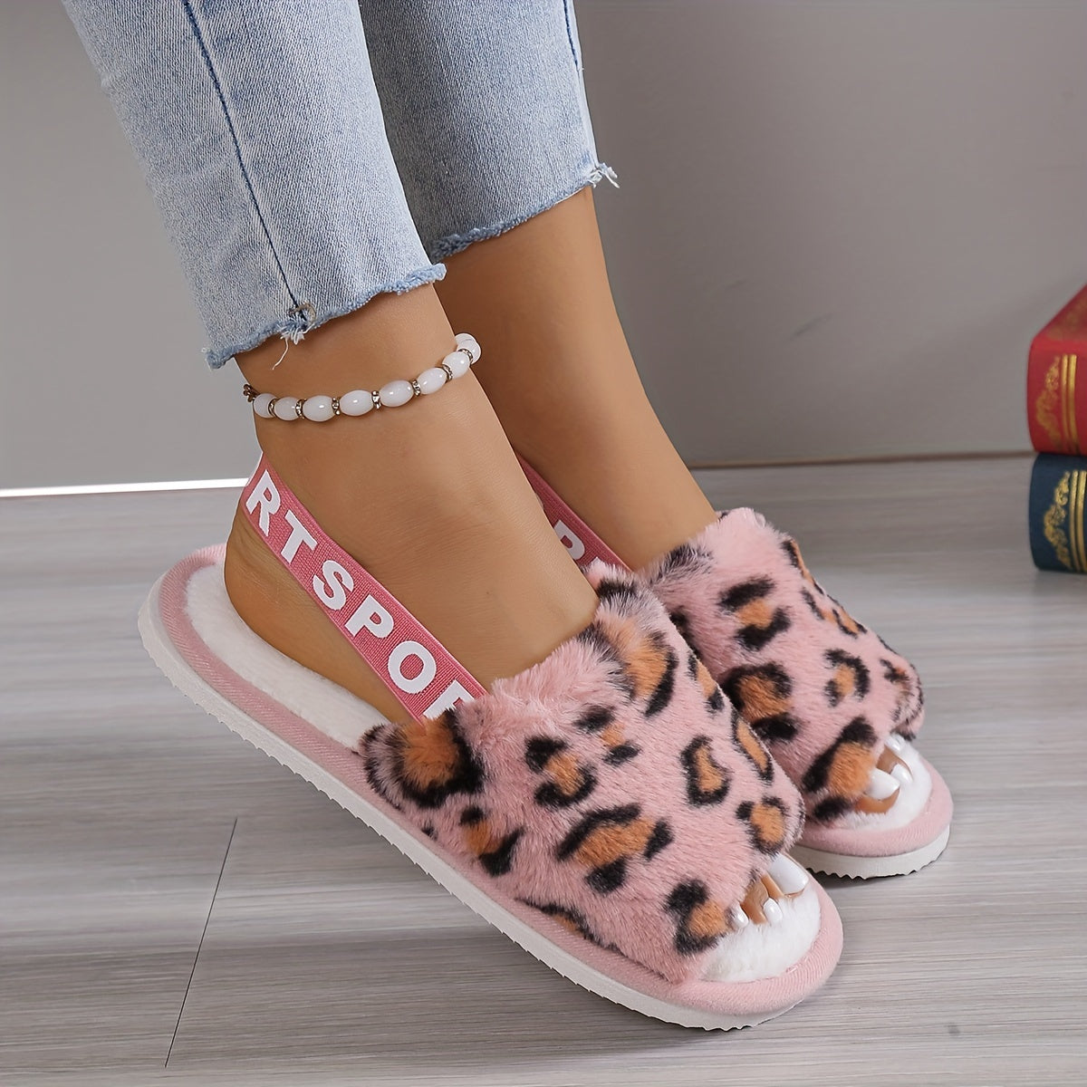 Leopard Print Fuzzy Flat Slippers, Open Toe Elastic Strap Slip On Shoes, Cozy & Warm Home Slipper Sandals