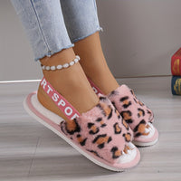 Leopard Print Fuzzy Flat Slippers, Open Toe Elastic Strap Slip On Shoes, Cozy & Warm Home Slipper Sandals