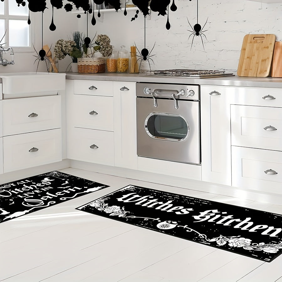 2pcs Halloween Kitchen Mats - Witch & Gothic Design, Anti-Slip, Machine Washable Polyester Rugs for Home Decor and Party