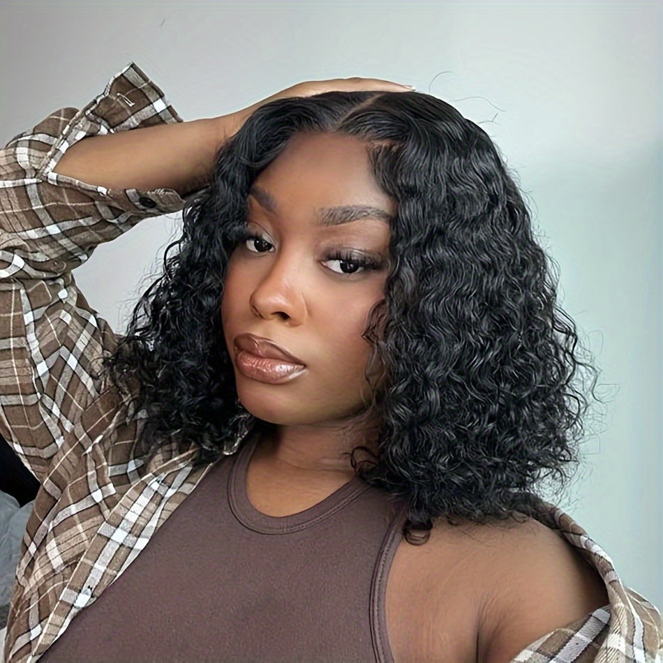 Glamorous Deep Wave Brazilian Human Hair Wig for Women - Glueless 4x4 Transparent Lace Frontal, Pre-Plucked, Free Part, 150% Density, Natural Black