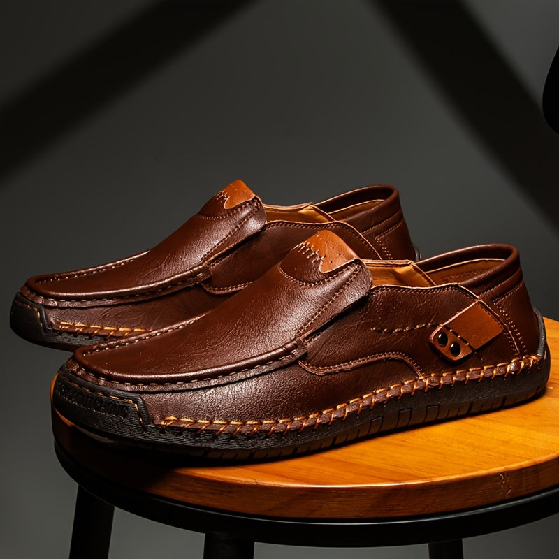 Plus Size Men's Solid Colour Split cowhide Slip On Loafer Shoes, Comfy Non Slip Casual Rubber Sole Dress Shoes, , Middle Aged Men's Footwear