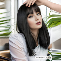Natural Black Straight Synthetic Wig For Women With Bangs 18inch Cosplay Halloween Party Heat Resistant