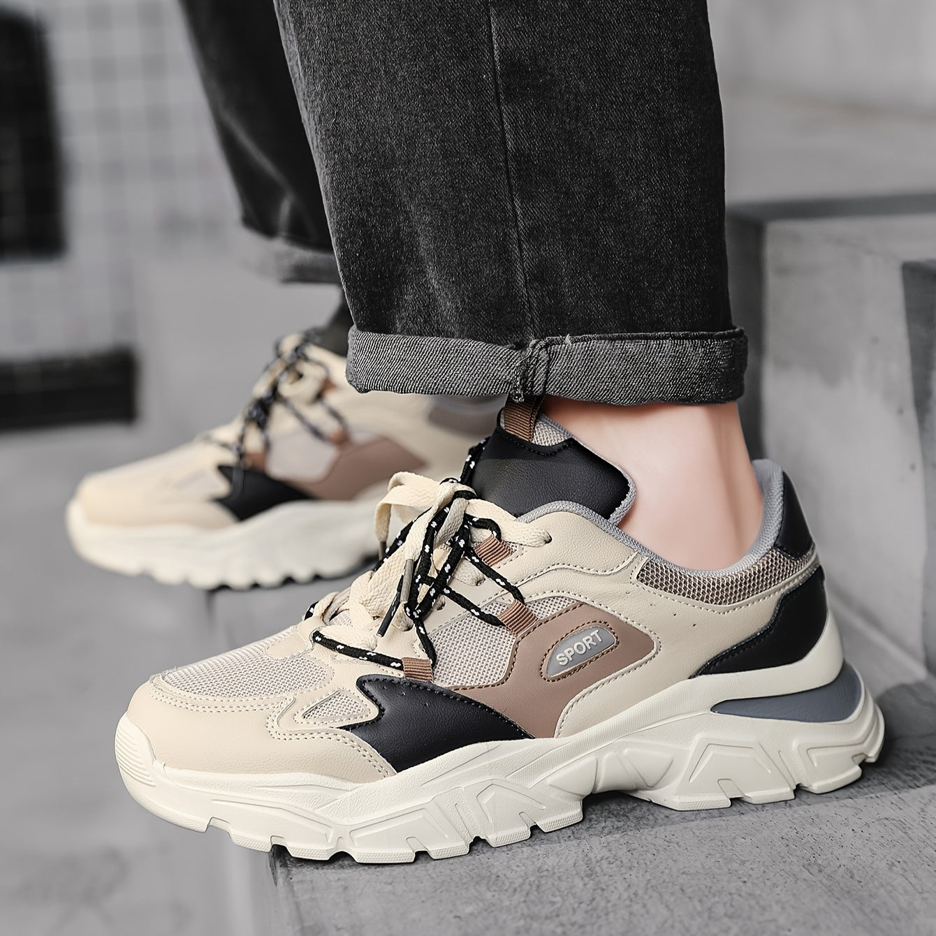 Men's Knit Breathable Chunky Shoes, Casual Lace Up Comfy Soft Sole Sneakers For Outdoor Activities, Spring And Summer, men's footwear