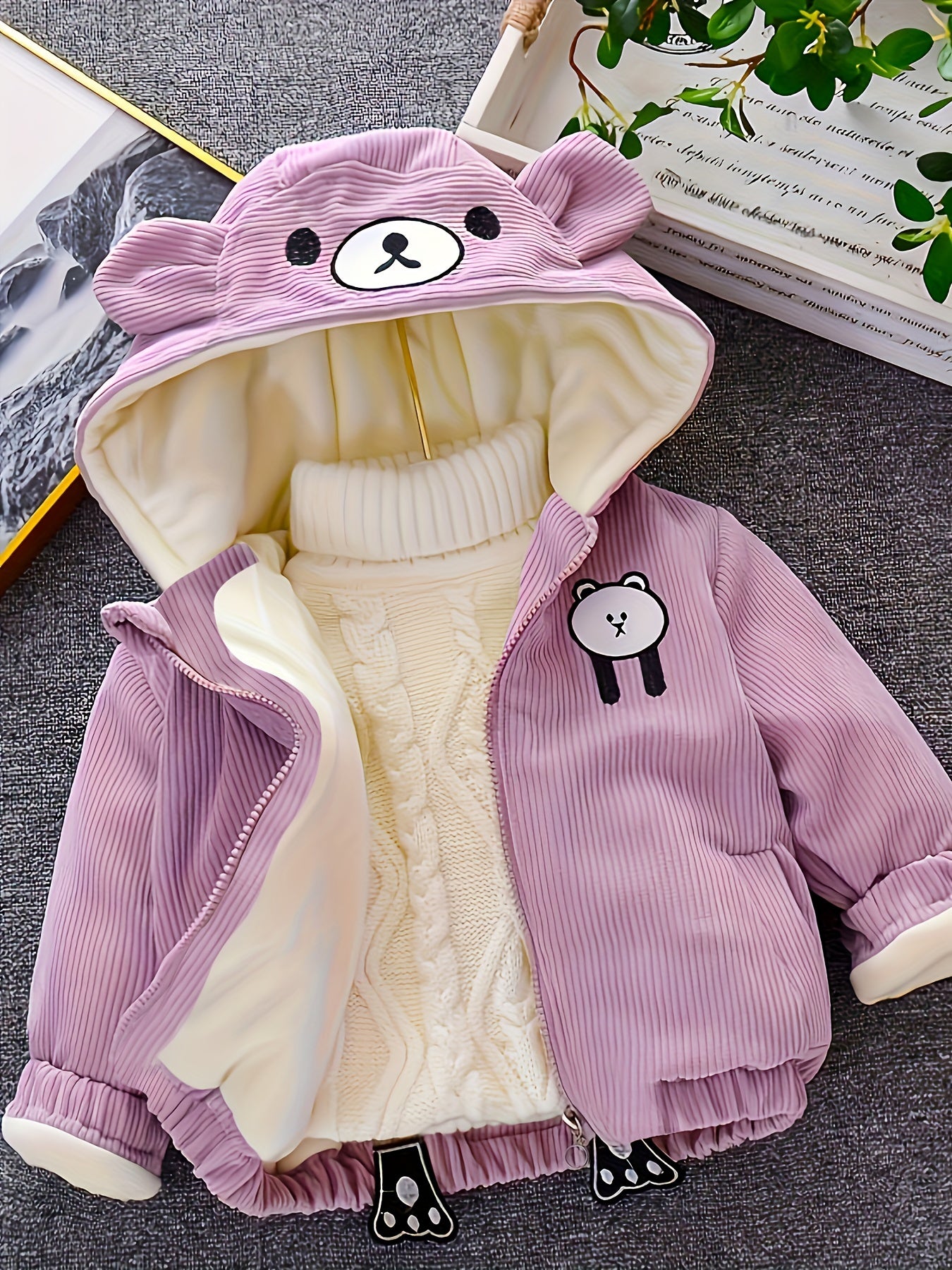 New Children's Warm Winter Thick Coat Cute Bear Shape Baby Corduroy Hooded Zip UpJacket