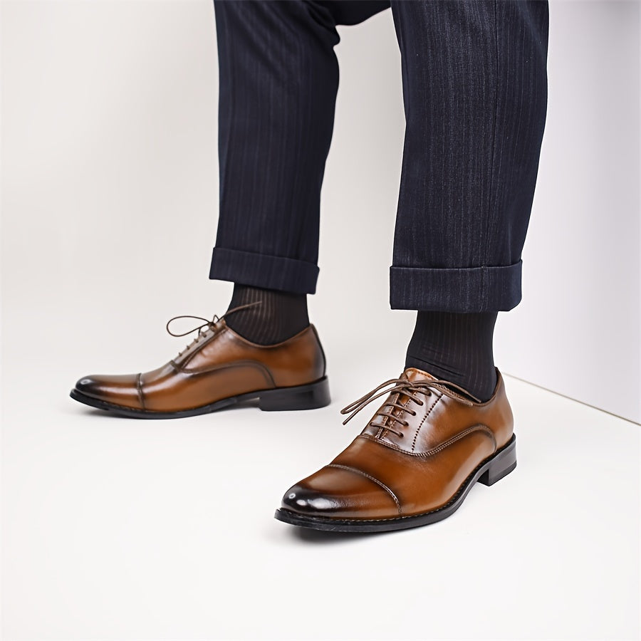 [Trendy Cow Leather Oxford Shoes] Men's Trendy Split Cow Leather Upper Cap Toe Oxford Shoes, Comfy Non Slip Casual Rubber Sole Formal Shoes, Men's Footwear