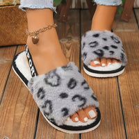 Leopard Print Fuzzy Flat Slippers, Open Toe Elastic Strap Slip On Shoes, Cozy & Warm Home Slipper Sandals