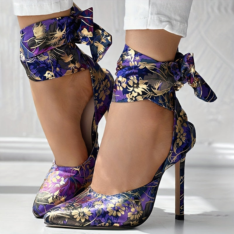 Women's Strappy Floral Print Satin Stiletto High Heels - Pointed Toe Lace Up D'Orsay Pumps with Ultrahigh Heel, Fabric Upper & Man Made Sole | Party & Dress Shoes | Fashion Stiletto Sandals