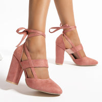 [Elegant Sandals] Elegant High Heel Sandals | Women's - Solid Color Fabric Upper, Round Toe, Lace-Up Ankle Strap, Block Heel, Rubber Sole, Man-Made Insole & Inner Material