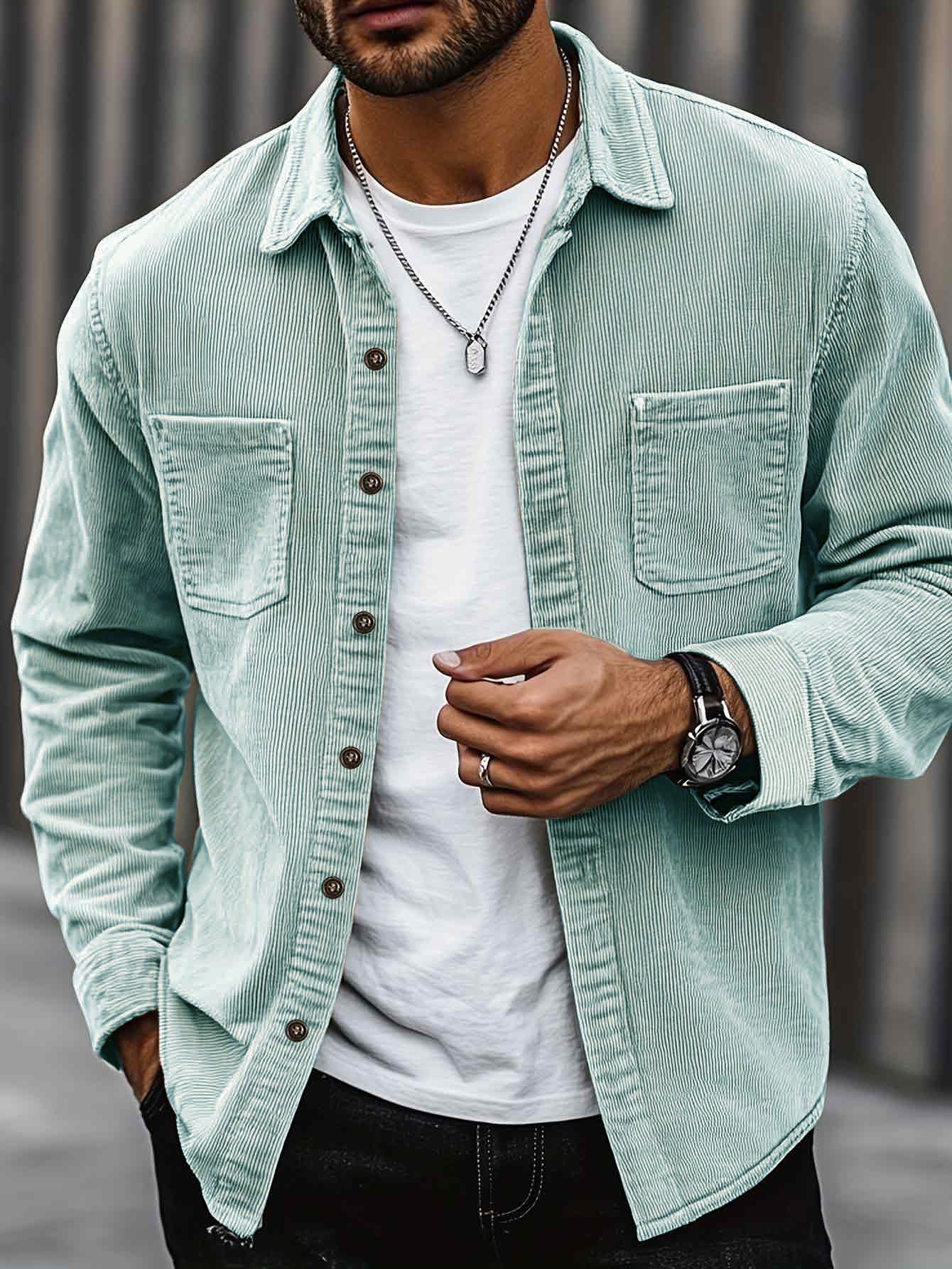 [Corduroy Casual Shirt] Light Blue Corduroy Men's Casual Shirt Jacket | Classic Collar, Button-Up Long Sleeve with Double Chest Pockets, Perfect for Spring & Fall, Everyday Fashion, Street Style, and Office Wear