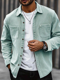 [Corduroy Casual Shirt] Light Blue Corduroy Men's Casual Shirt Jacket | Classic Collar, Button-Up Long Sleeve with Double Chest Pockets, Perfect for Spring & Fall, Everyday Fashion, Street Style, and Office Wear