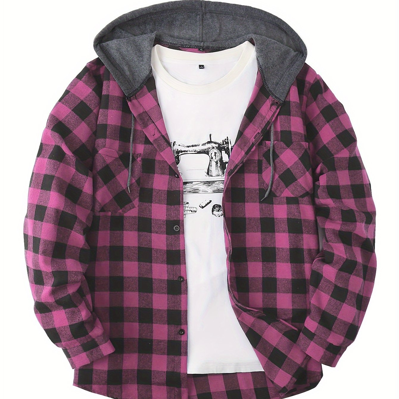 Long Sleeve Casual Regular Fit Button Up Hooded Shirts Jacket, Plaid Shirt Coat For Men