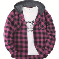 Long Sleeve Casual Regular Fit Button Up Hooded Shirts Jacket, Plaid Shirt Coat For Men