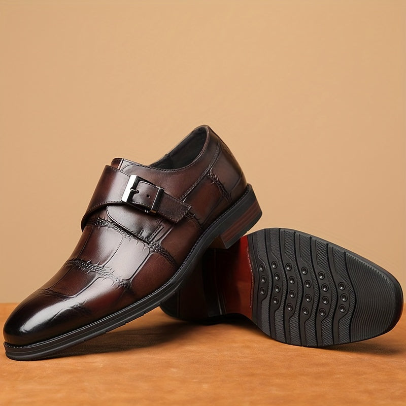 Men's Solid Color Top Grain Cow Leather Upper Monk Shoes, Comfy Non Slip Rubber Sole Durable Dress Shoes, Men's Footwear