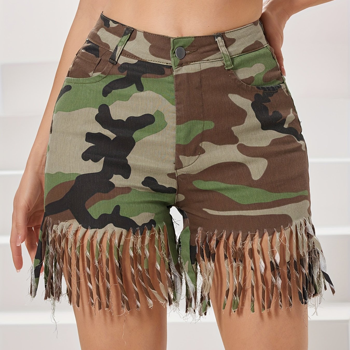 Women's Stretch Camo Tassel Denim Shorts - Sexy, High-Waisted with Fringe Detail, Cotton Blend, Perfect for Spring/Summer